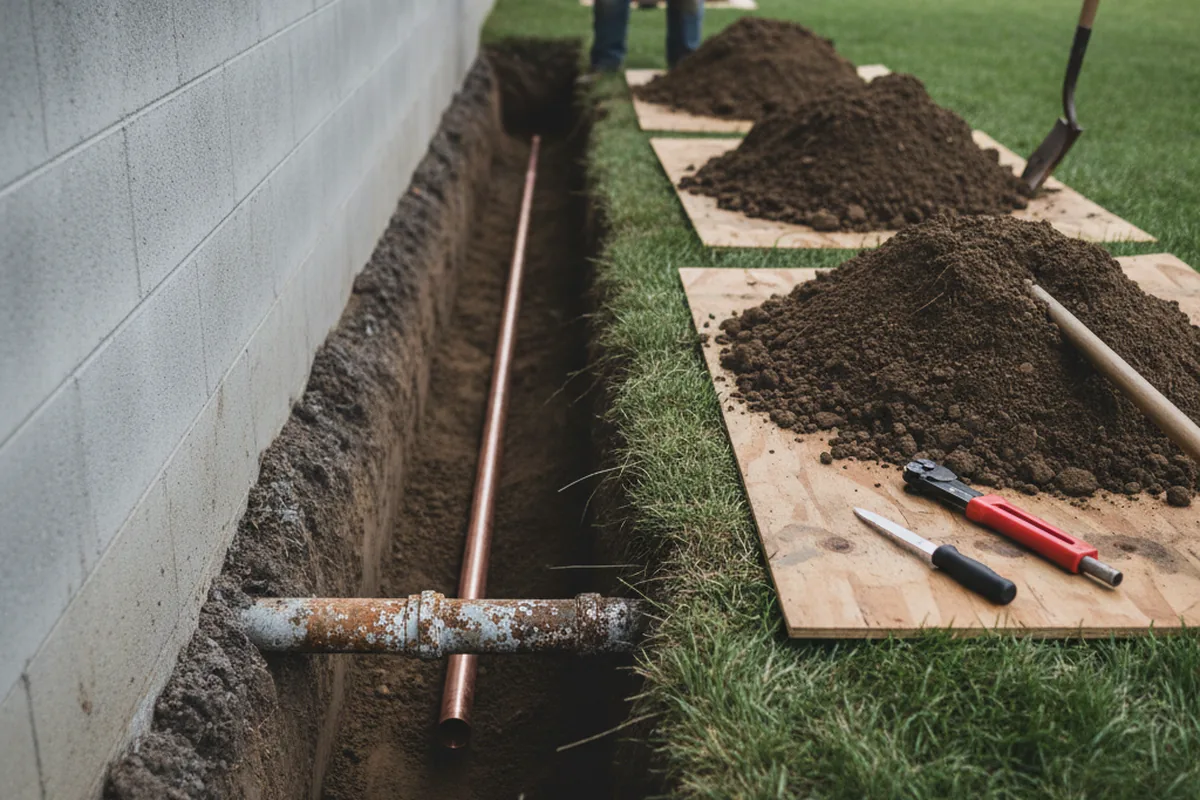 Excavated water line trench during Sewer Line Repair in Sunman